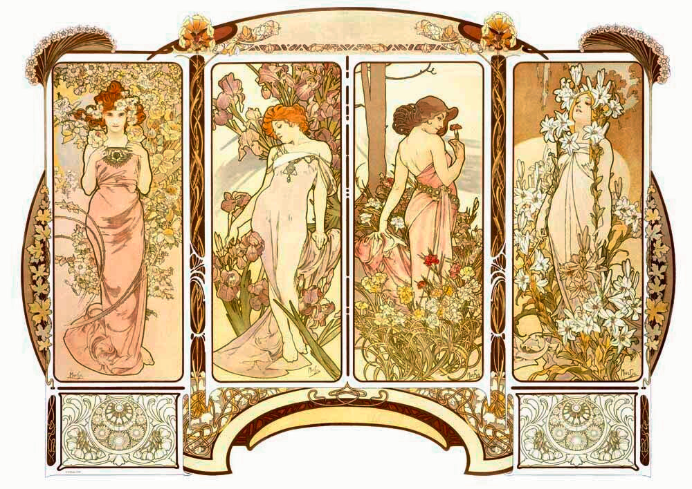 Mucha Nouveau 4 Panel Lady Poster 0000-1836