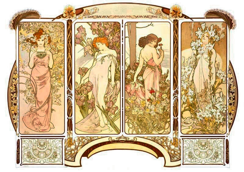 Mucha Nouveau 4 Panel Lady Poster 0000-1836