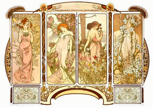 Mucha Nouveau 4 Panel Lady Poster 0000-1836