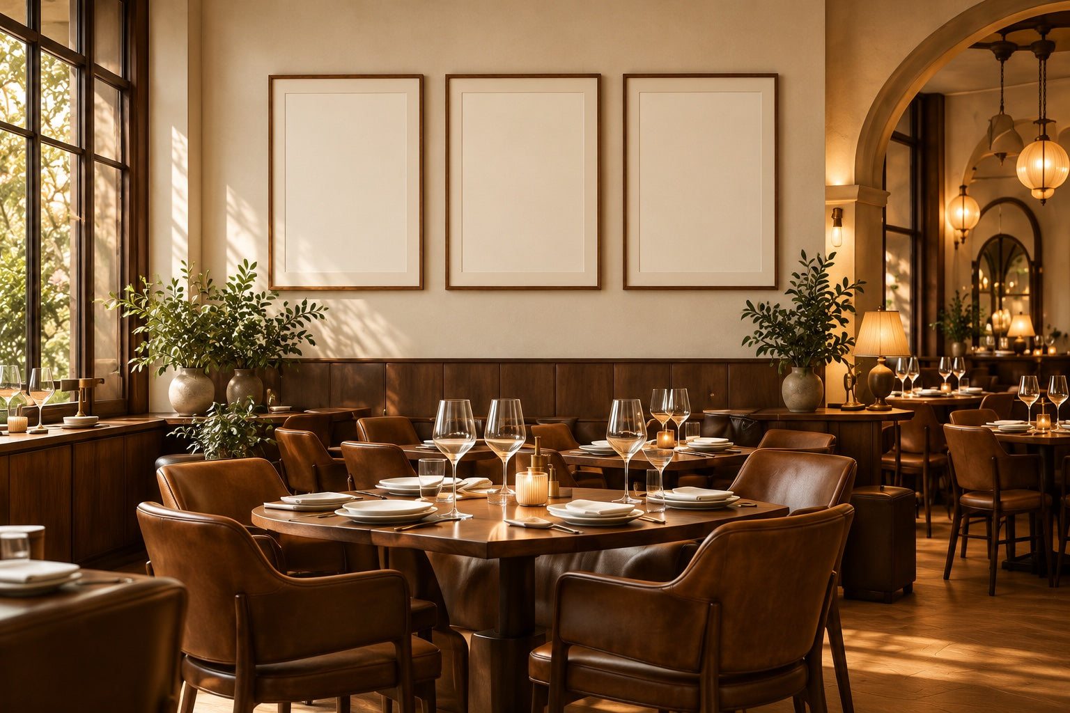 Warm lodge dining room with framed Vintage Arte hospitality posters
